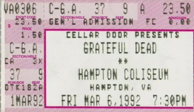 Grateful Dead Ticket 03-06-1992  Hampton Coliseum Jerry Garcia Bob Weir