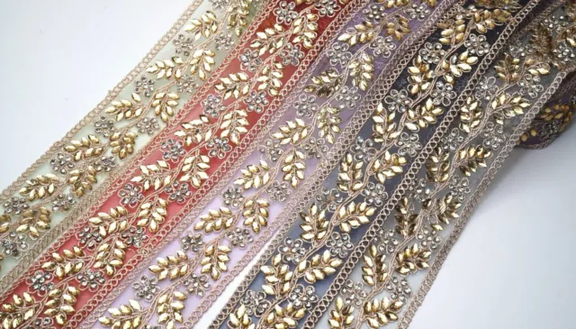 1 Yd Indian Lace Trims Saree Border Fabric Embroidered Trimmings Rhinestone bead