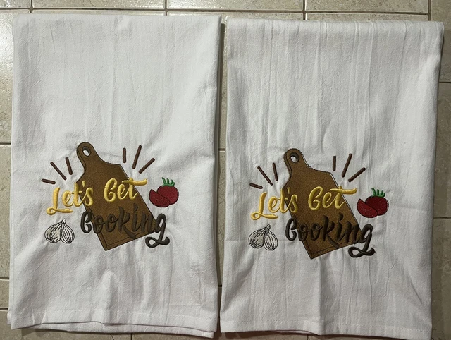 Embroidered Flour Sack Dish Towels Kitchen, 2 towels, Let's Get Cooking