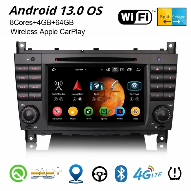 4+64GB Android 13 DAB+ Autoradio CarPlay 8-Kern GPS Mercedes C/G/CLC Klasse W203