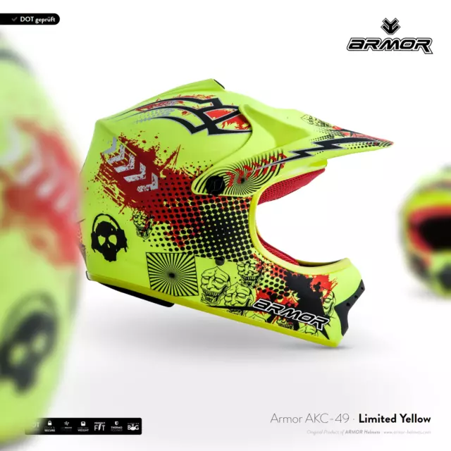 ARMOR AKC-49 Neon Yellow Cross-Helm Kinder-Helm Kids Pocket-Bike MX XS S M L XL