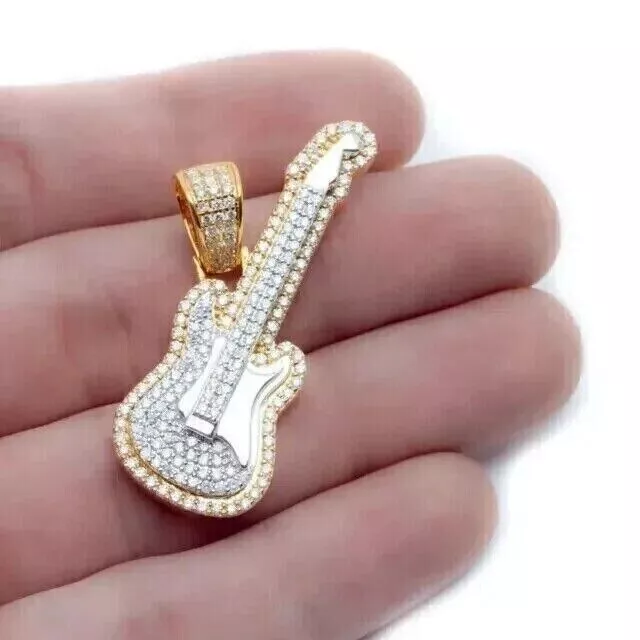 1.50Ct Round Cut Real Moissanite Guitar Pendant 14K Yellow Gold Plated Silver