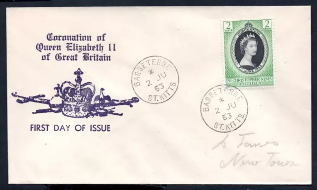 St Kitts, Nevis & Anguilla - 1953 QE2 Coronation Illustrated First Day Cover