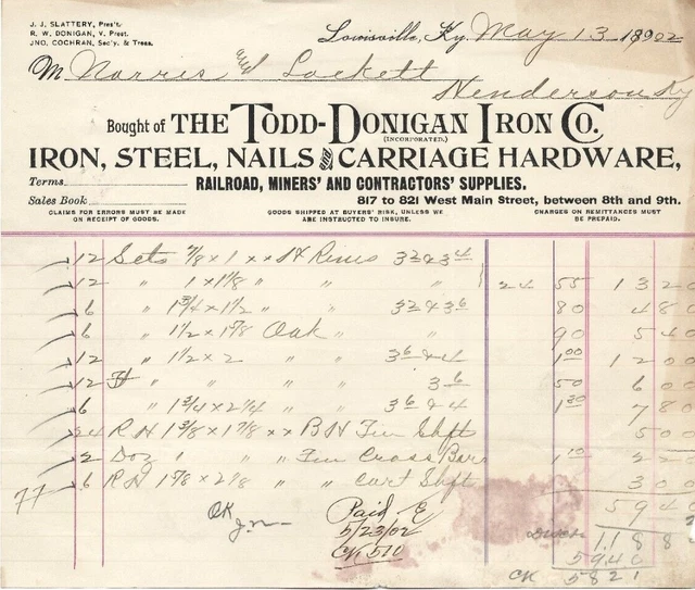 Todd Donigan Iron Co Louisville KY 1902 Billhead