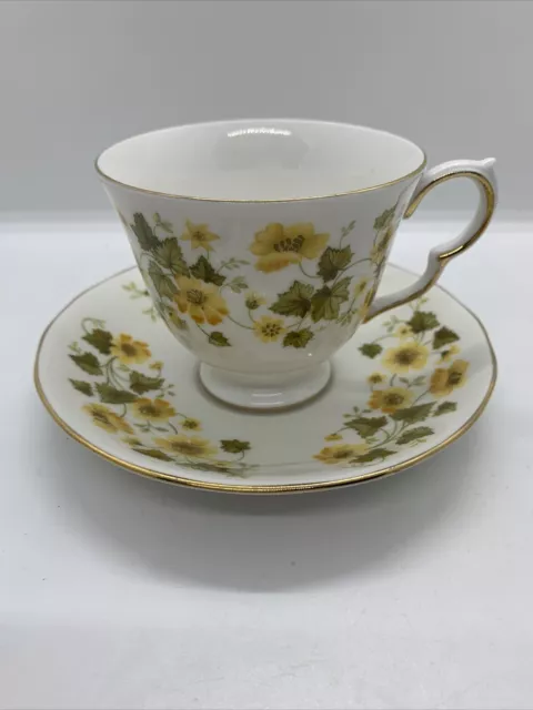 Queen Anne Bone China Footed Cup and Saucer Set Yellow Flowers Used Condition 3