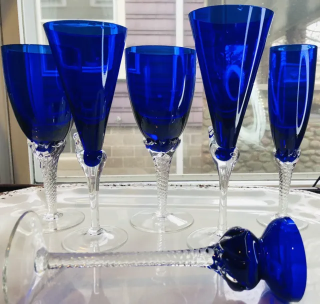 1990's Boho Cobalt Blue Water Cocktail Glass Twist Stem Piroutte Colony Mix-6