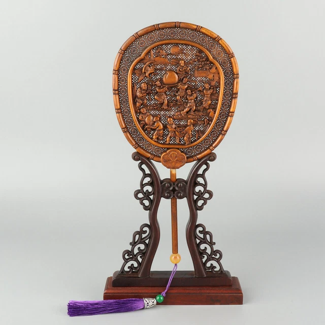 Chinese Exquisite Hand carved children Carving Boxwood fan