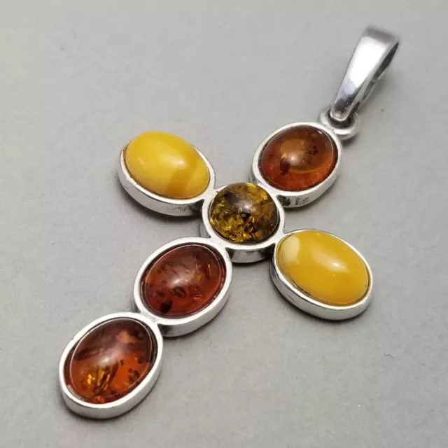 Solid Sterling Silver Amber Cabochon Cross Necklace Pendant 925 - 3.5g