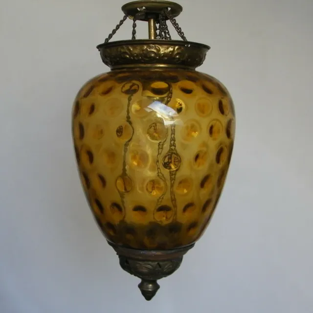 ANTIQUE 19th VICTORIAN CEILING LIGHT ELECTRIFIED OIL LANTERN CHAINS AMBER GLASS