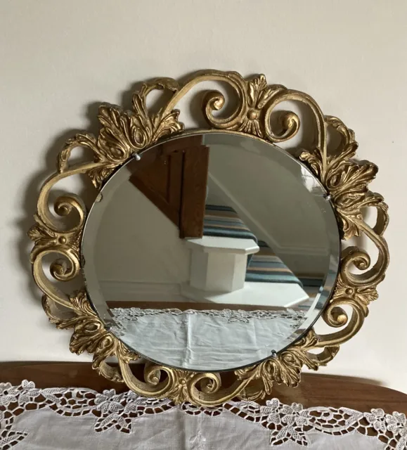 Vintage Gorgeous Round Gold Gilt Frame Wall Mirror Astonea England Ornate 14 In