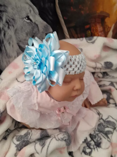 Handmade Romany Baby Girl Big Blue Bling Flower Satin Ribbon Bow   Headband