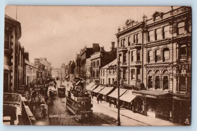 Cardiff Wales Postcard Queen Street c1910 Antique Unposted Sepia Tuck Art