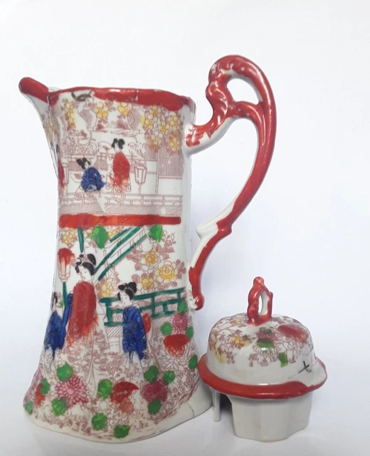 ANTIQUE JAPANESE PORCELAIN Kutani hand painted chocolate pot c.1900 £