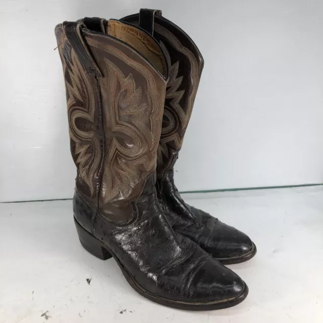Cutter Bill Brown Leather Ostrich Quill Round Toe Cowboy Boots Men Size 8.5D