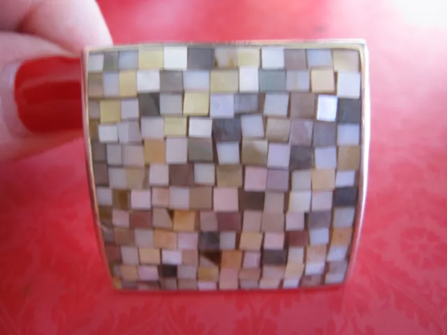 Sterling Silver 925 CFG Mother of Pearl Mosaic Inlay Square Slide Pendant 29 gms