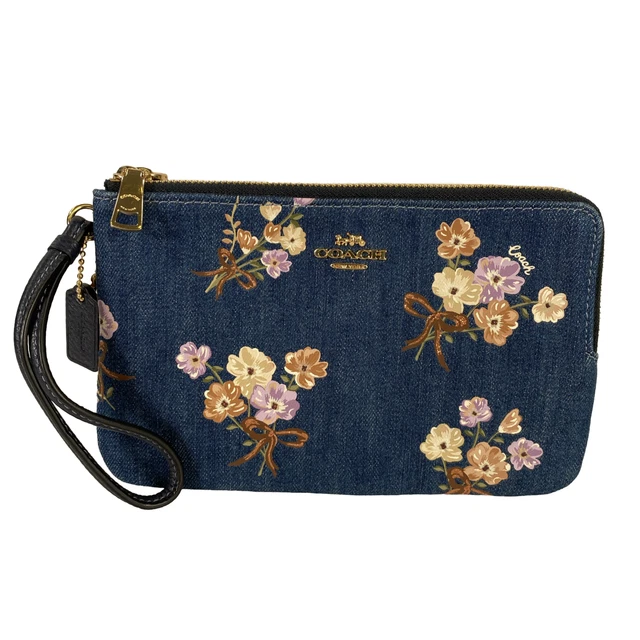 Coach Women's Blue Denim Chambray Floral Double Zip Wristlet Wallet