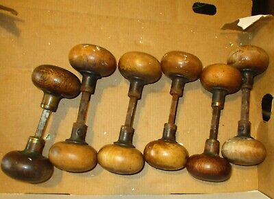 6 Sets / Pairs Antique Round Wood Door Knob Set  With Bars And Screws