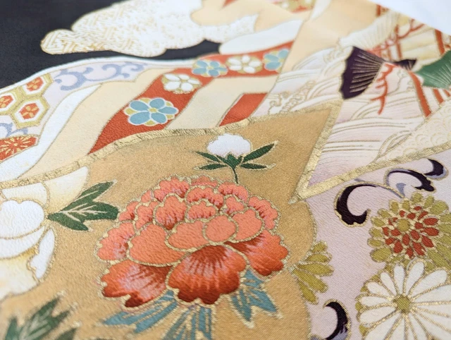Japanese Kimono Tomesode Antique Silk Fabric Black Floral Peacock Kimono only 15