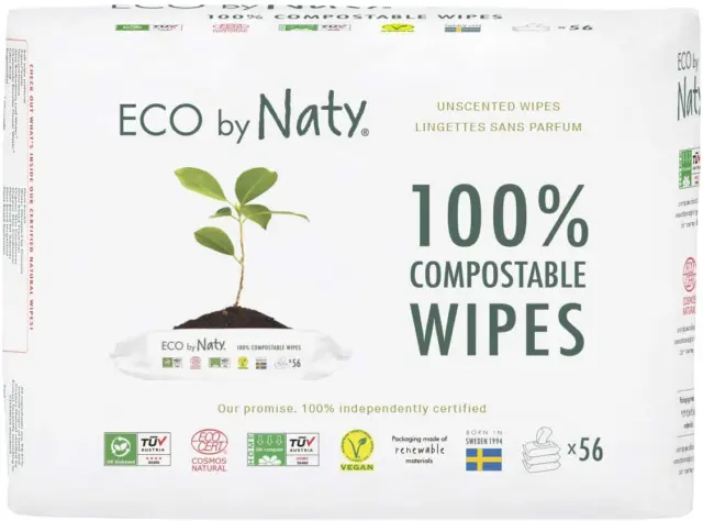 Eco by Naty Unscented Baby Wipes - 100% Compostable and Plant-Based Wipes, Good