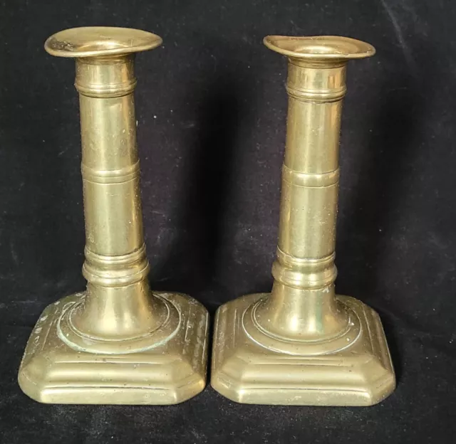 Pair of Georgian gun barrel brass candlesticks with wax pusher / ejector - 16 cm