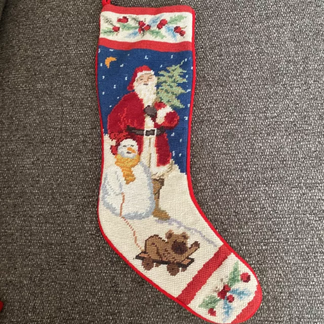 Peking Handicraft Vtg Velvet Wool Needlepoint Christmas Stocking Snowman Santa