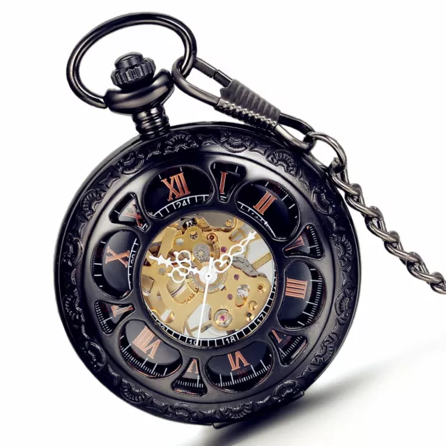 Mechanical Pocket Watch Steampunk Hollow Roman Numeral Dial Pendant Chain Watch