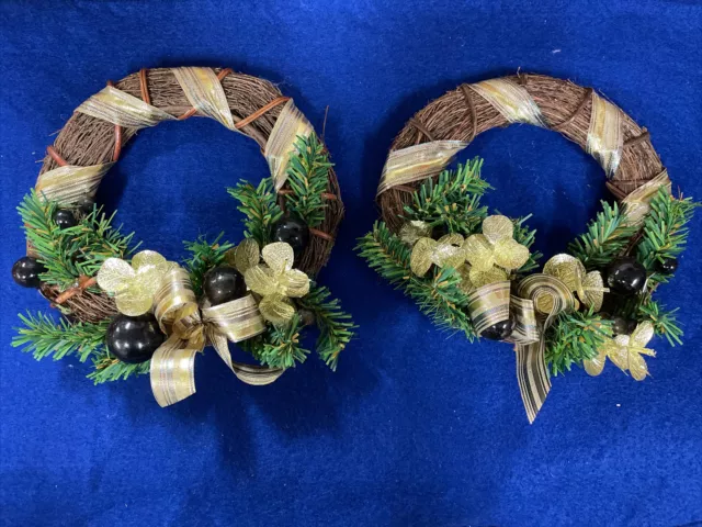 Set of 2 (two) Small Christmas Wreathes Black Bulbs Greenery Gold ribbons 6 inch