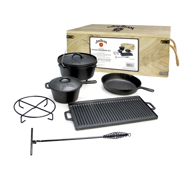 Jim Beam BBQ Dutch Oven Set - Feuertopf Zubehör Gusseisen + Holzkiste 9 teilig