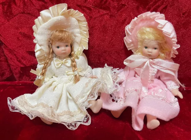 Schylling  Victorian  4.5” PORCELAIN  DOLLS Pair Moveable Arms  Legs