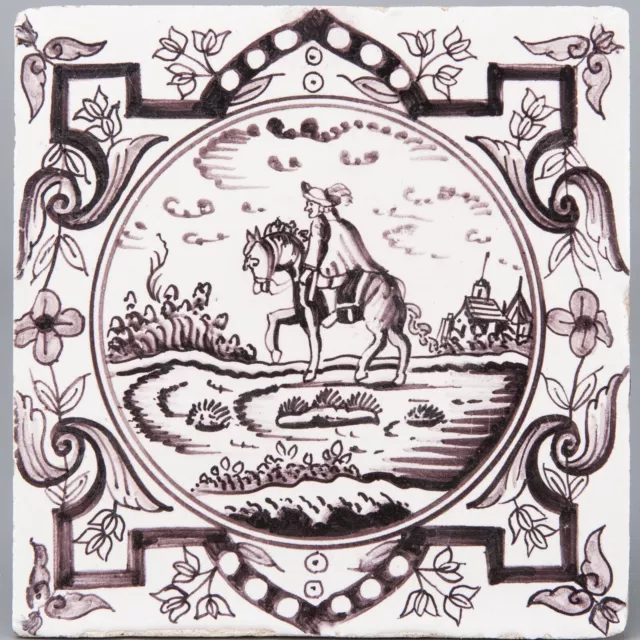 Nice Dutch Delft manganese tile, man riding a horse in landscape, 18th. century.