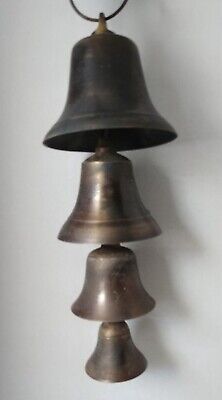 Vintage Solid Brass Decreasing Size Bells (4) Hanging With Clapper 6 1/2" down