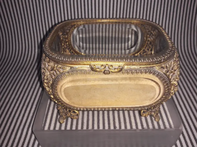 Vtg Matson Lrg Bevel Glass Ormulu Filigree Jewelry Casket Box Hollywood Regency
