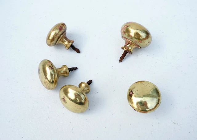 Collection of 5 Vintage Round Brass Door / Drawer Knobs For Furniture Restorer