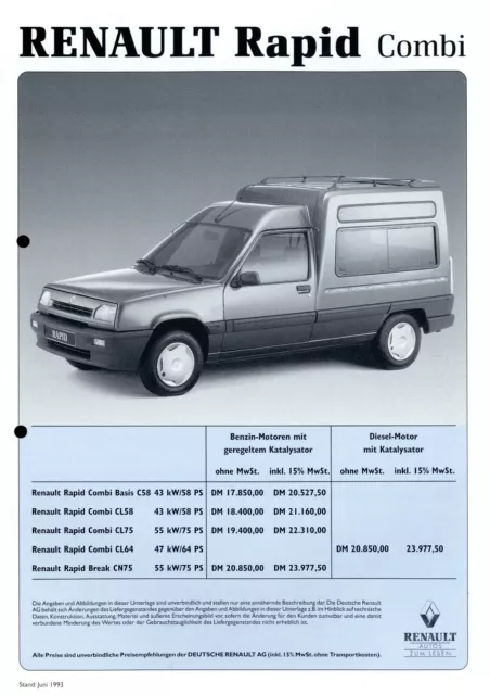 Renault Rapid Combi Preisliste 1993 6/93 D brochure catalogue prospectus