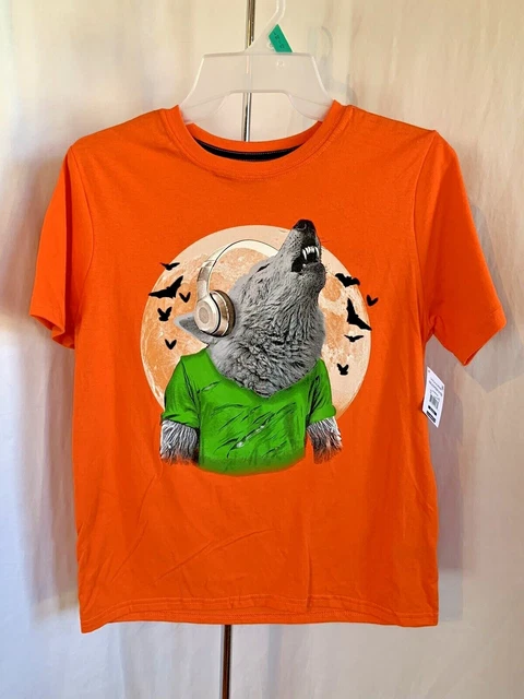 Halloween Boys Short Sleeve Howling Wolf Moon Bat Headphones Graphic T-Shirt NWT