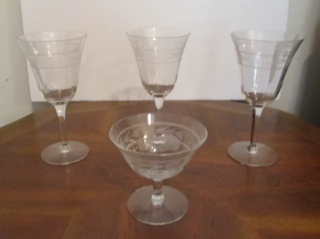 3 Vintage Etched Wine Glasses 1 Champagne Double Band Flower Paneled Stemware