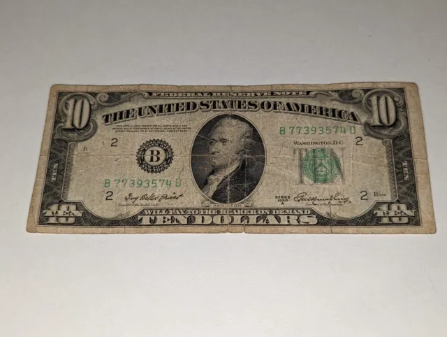 Ten Dollar Bill $10 Series 1950 A NY New York US Currency B77393574D Fed Reserve