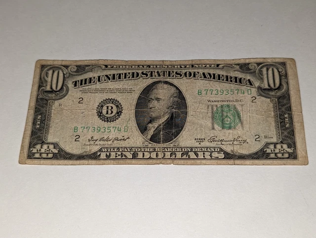 Ten Dollar Bill $10 Series 1950 A NY New York US Currency B77393574D Fed Reserve
