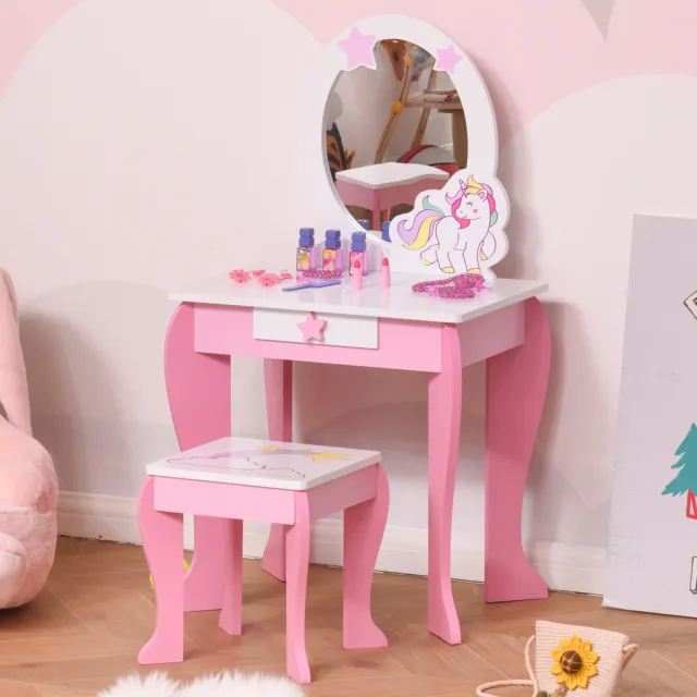 Kids Dressing Table, Girls Vanity Set w/ Mirror and Stool, Unicorn-Designed