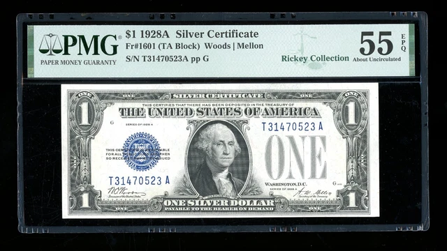 DBR 1928-A $1 Silver Funnyback Fr. 1601 TA Block PMG 55 EPQ Serial T31470523A