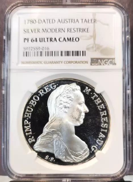 1780 Austria Silver 1 Taler Maria Theresa Restrike Ngc Pf 64 Ultra Cameo