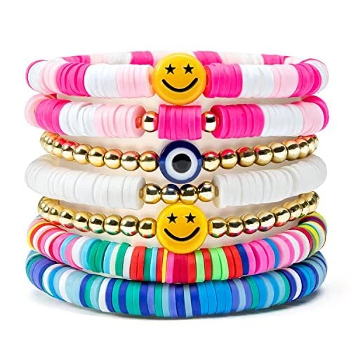7Pcs Heishi Surfer Bracelets Set Colorful Preppy Happy Smile Evil Eye Beaded
