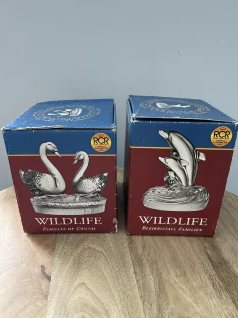 Set Of 2 RCR Royal Crystal Rock Wildlife Swans And Dolphins Figurine Glass