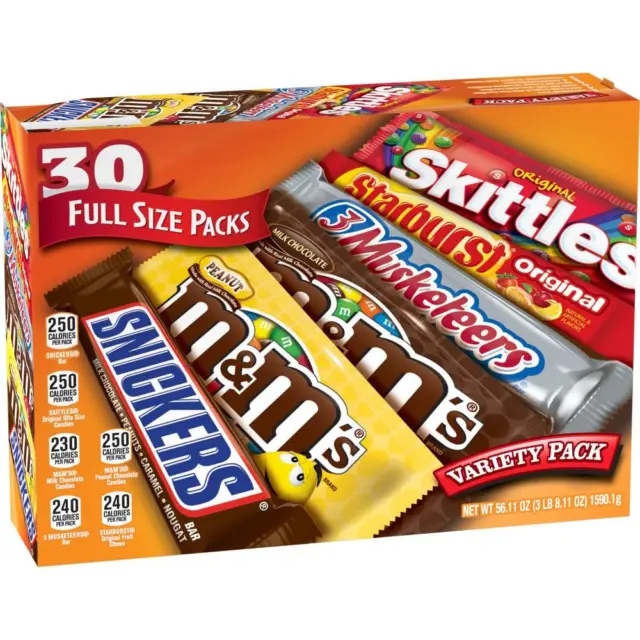 M&M'S SNICKERS 3 MUSKETEERS SKITTLES & STARBURST Chocolate Candy Variety 30 Pack
