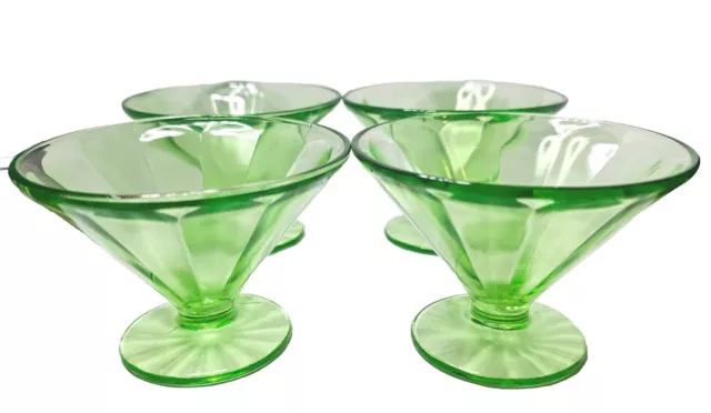 4 Vintage Federal Green Glass Sherbert Cups That Glows Under Black UV Light
