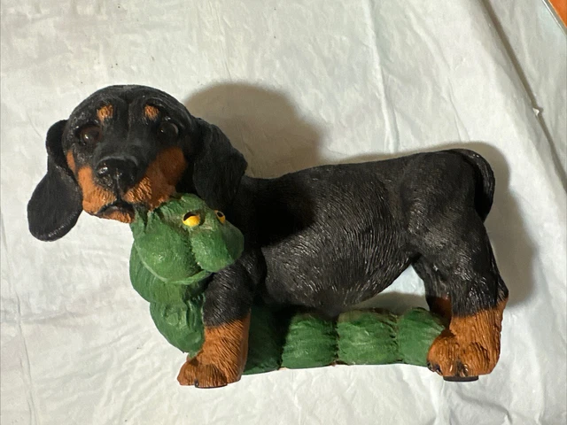 Dachshund With Lg Green Snake Toy  Figurine from Living Stone - Black And Tan