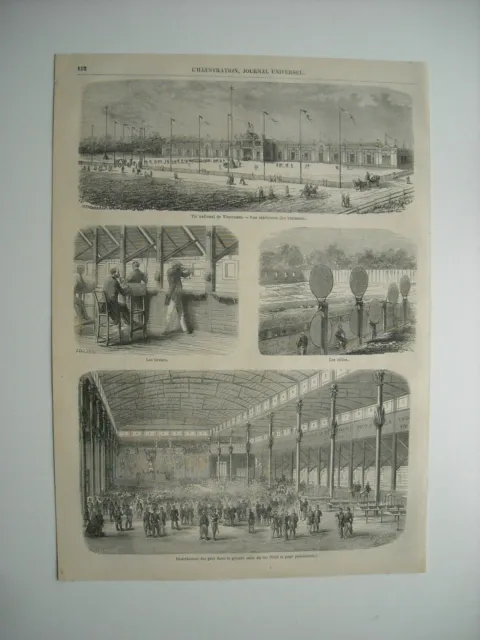 Gravure 1861. Tir National De Vincennes. Vue Exterieure Des Batiments. Tireurs..