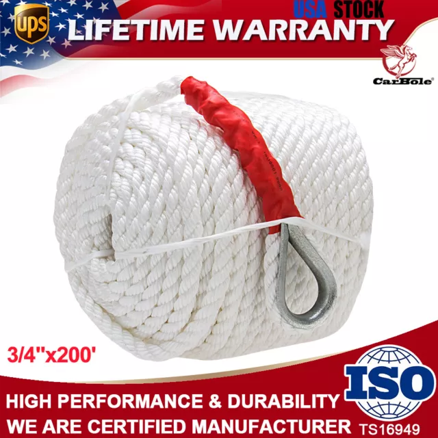 NEW 3/4"x200' Twisted Three Strand Anchor Rope Boat With Thimble Sailboat White