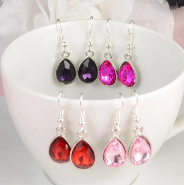 Small Tear Drop Silver Tone Red, Pink, Or Purple Faceted Crystal Earrings