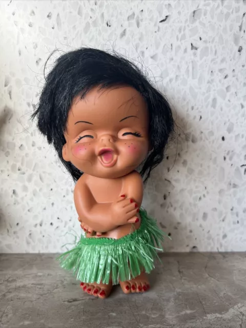 Vintage Hawaiian Hula Girl Dancer Doll Aloha Grass Skirt Moody Cuties Vinyl 9.5”